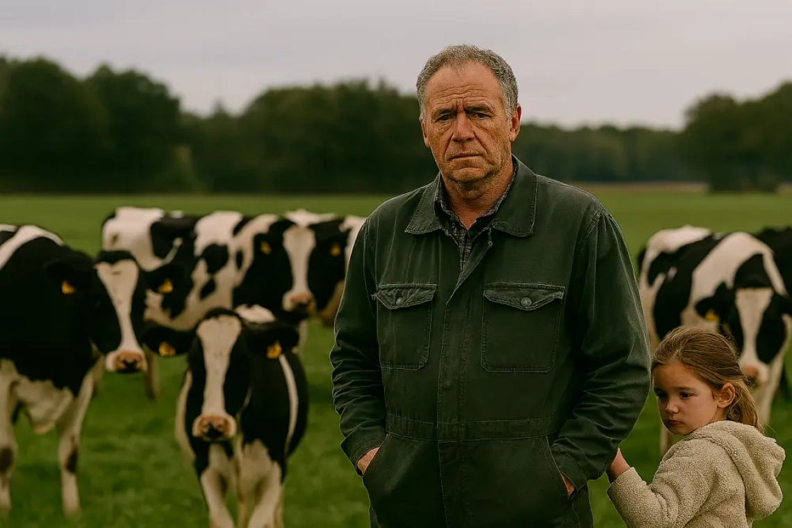 Een boer in de Achterhoek staat bezorgd in een weiland tussen zwartbonte koeien, met een kind aan zijn zijde en een rij bomen op de achtergrond onder een grijze lucht